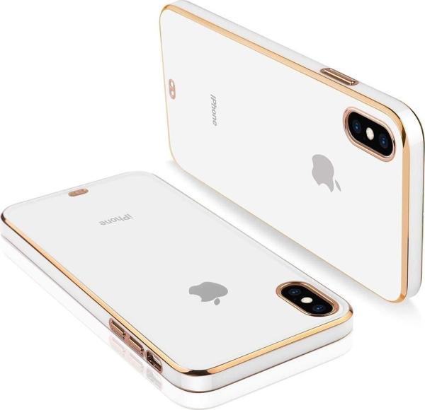 Teknomoda Apple iPhone XS MAX Kılıf Kamera Lens Korumalı Kenarları Renkli Gold Arkası Şeffaf Silikon - Image 1