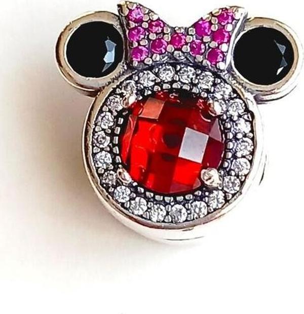 Luna Luster 925 Ayar Gümüş Kırmızı Taşlı Sevimli Miki Tasarım Kadın Charm Doğum Günü Hediye - Image 1