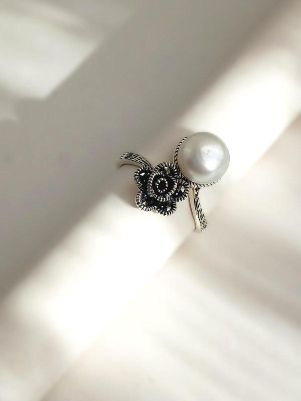 Luna Luster Inci Siyah Gül Tasarım Markazit Taşlı Kadın Gümüş Yüzük Doğum Günü Hediye 16 Numara - Image 1