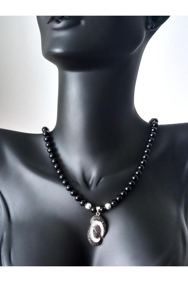 Luna Luster 18 Ayar Altın Kaplama Siyah Turmalin Doğal Taşlı Yin Yang Tasarım Kadın Gümüş Kolye - Image 1