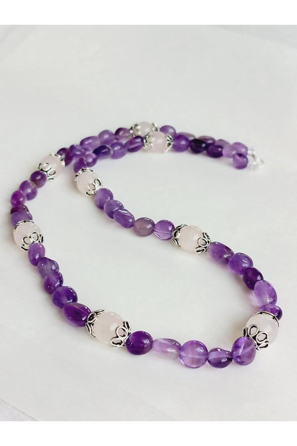 Luna Luster 18Ayar Altın Kaplama Ametis Pembe Kuvars Küre Kesim Doğal Taşlı Kadın Gümüş Kolye - Image 1