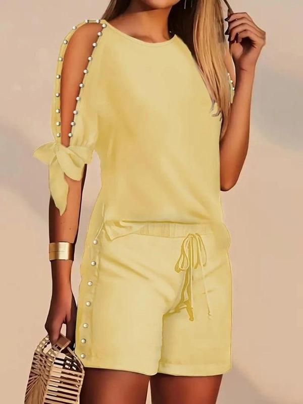 MDB Kadın Kısa Kollu Bisiklet Yaka Yarı Açık Omuz Inci Detaylı Short Tshirt Viskon Ikili Takım - Image 1