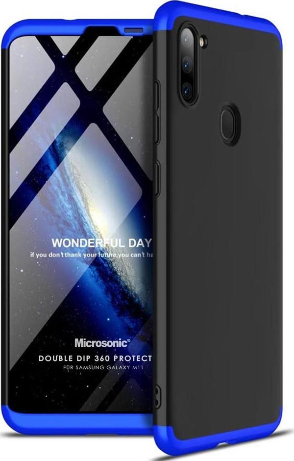 Microsonic Samsung Galaxy M11 Kılıf Double Dip 360 Protective Siyah Mavi - Image 1