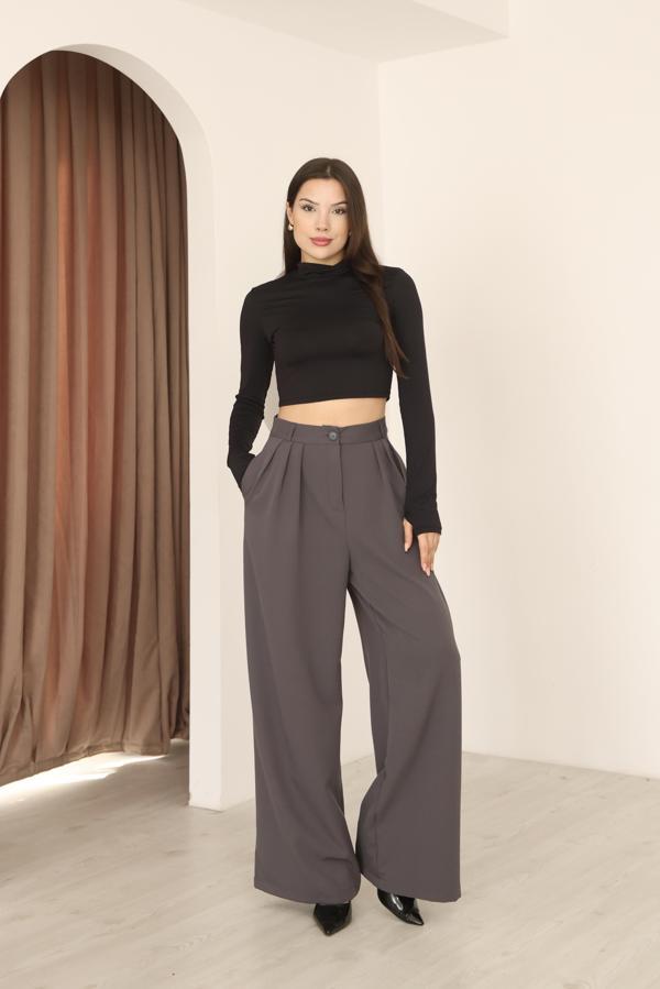 Kadın Antrasit Pile Detaylı Palazzo Pantolon - Image 1