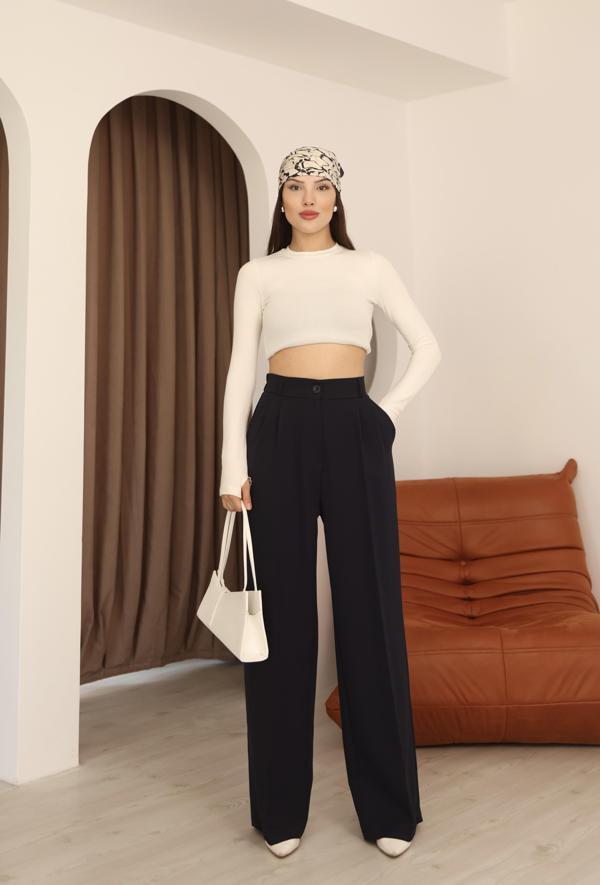 Kadın Lacivert Arkası Lastikli Palazzo Pantolon - Image 1