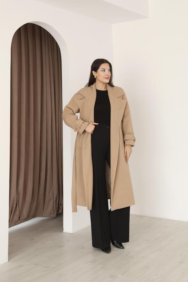 Kadın Vizon Kruvaze Oversize Kuşaklı Uzun Kaşe Kaban - Image 1