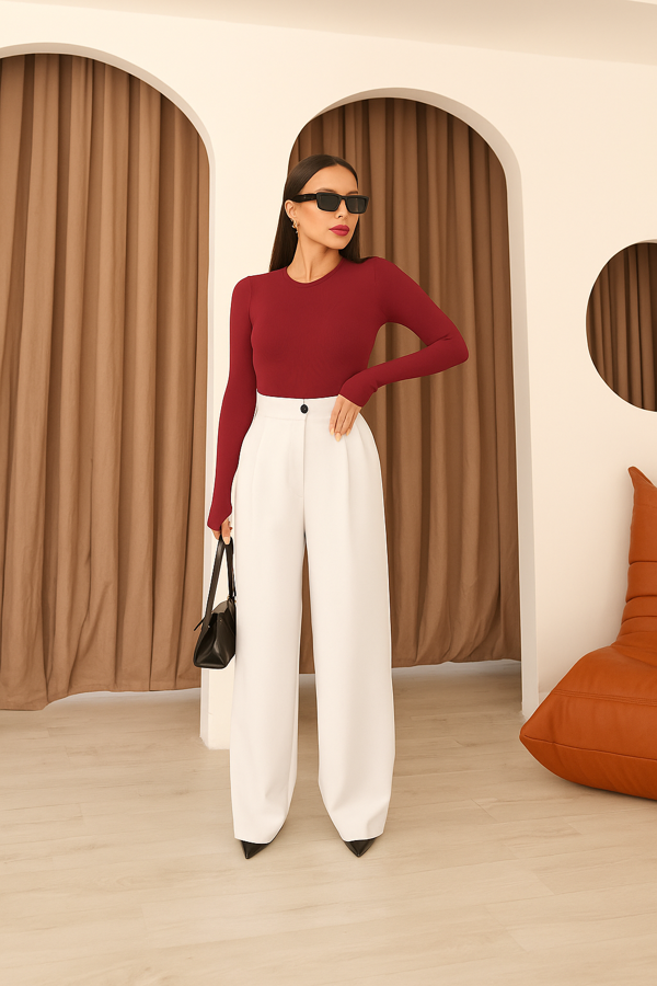Kadın Beyaz Arkası Lastikli Palazzo Pantolon - Image 1