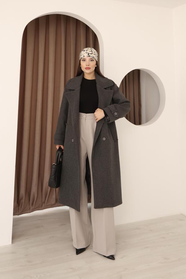 Kadın Antrasit Kruvaze Oversize Kuşaklı Uzun Kaşe Kaban - Image 1
