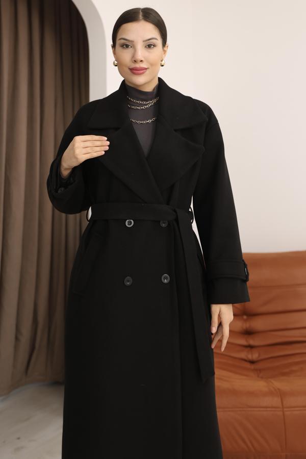 Kadın Siyah Kruvaze Oversize Kuşaklı Uzun Kaşe Kaban - Image 1