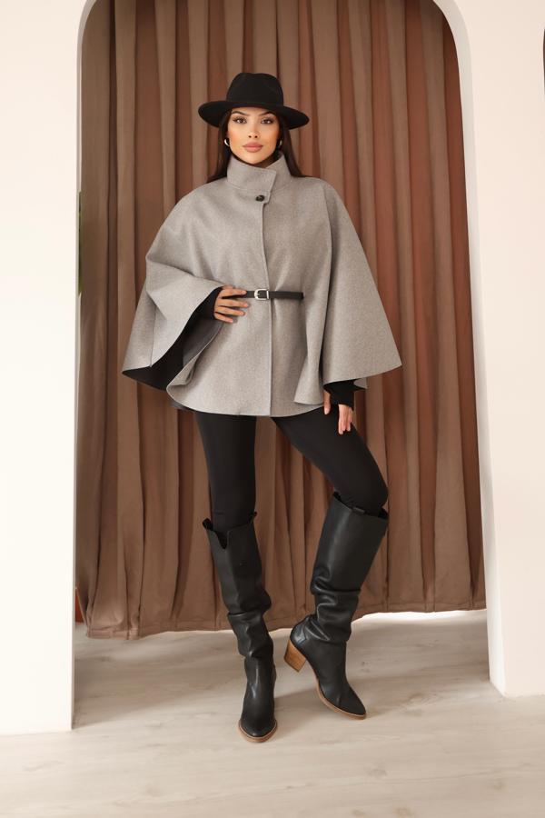 Kadın Gri Kemer Detaylı Pelerin Panço Kaban - Image 1