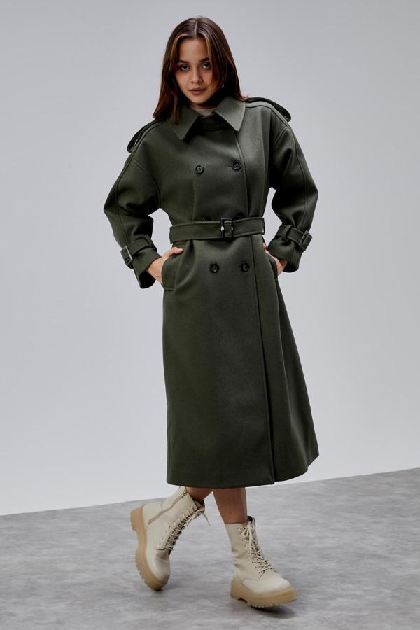 Haki Kuşaklı Oversize Kaşe Kaban 44577  - Image 1