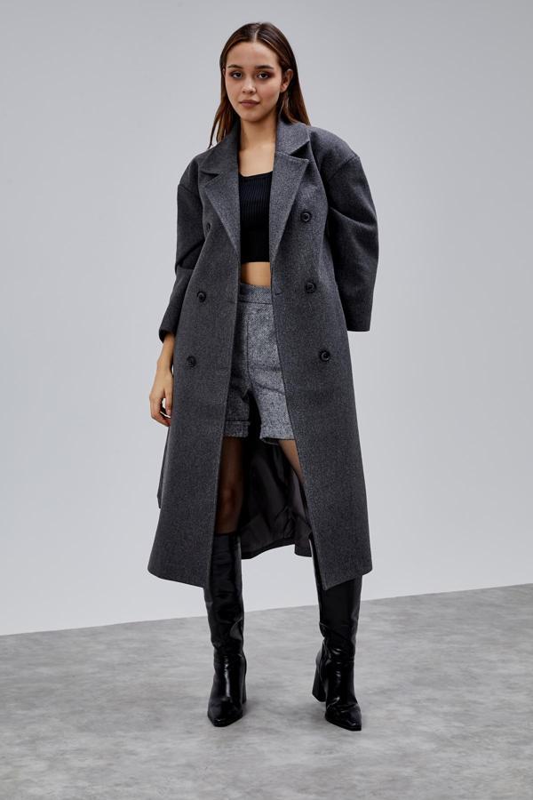 Antrasit Kruvaze Kapama Belden Bağlamalı Geniş Kalıp Kaşe Kaban - Image 1