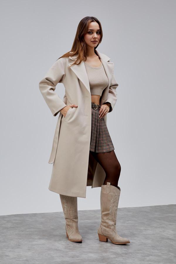 Bej Premium Oversize Kemerli Kaşe Kaban - Image 1