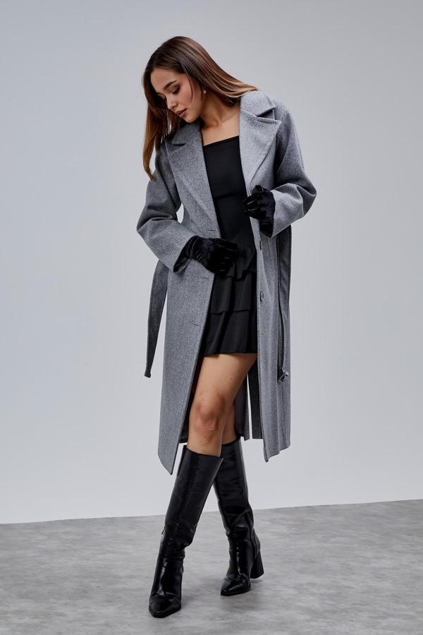 Gri Kruvaze Kapama Belden Bağlamalı Geniş Kalıp Kaşe Kaban - Image 1