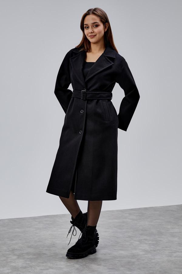 Siyah Premium Oversize Kemerli Kaşe Kaban - Image 1