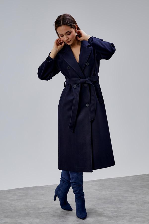 Lacivert Kruvaze Kapama Belden Bağlamalı Geniş Kalıp Kaşe Kaban - Image 1