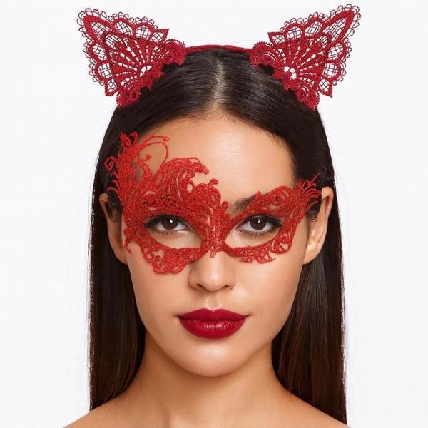 Gizemli Kırmızı Dantel Maske Ve Taç Seti 1 No - Kostüm Seti - Image 1