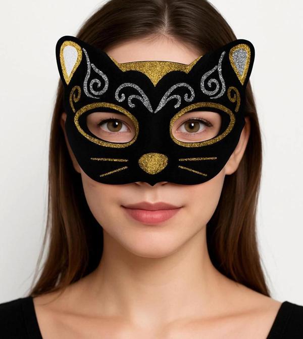 Kadife Dokulu Sim Detaylı Işıltılı Kedi Maskesi Altın Gümüş 20x13 Cm - Image 1