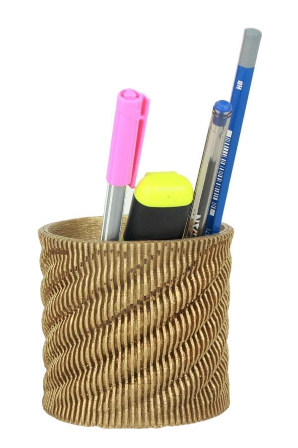 Kalemlik Altın Renk Masa Kalemliği Organizer Kalemlik Dönen Çizgili Model - Image 1