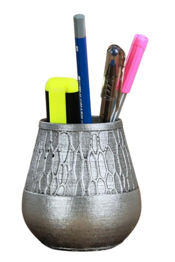 Kalemlik Gümüş Eskitme Renk Masa Kalemliği Organizer Kalemlik Vazo Model - Image 1