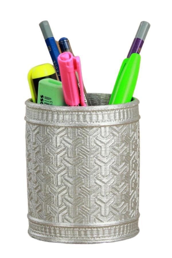 Kalemlik Gümüş Renk Masa Kalemliği Organizer Kalemlik Dönen Y Desenli Model - Image 1