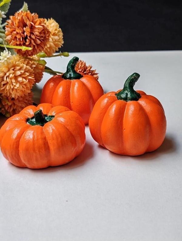 Dekoratif Balkabağı 3'lü set, Turuncu El Yapımı, Ev Dekoru, Masa Dekoru, Obje, Biblo, Hediyelik, Öğretmenler Günü, Anneler Günü - Image 1