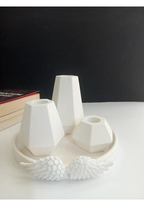 Şamdan Seti Melek Kanatlı Sunumluklu, Beyaz Renk Yüksek Kaliteli Malzeme El Yapımı Sunumluk ve Şamdan Seti, Ev Dekoru, Anneler Günü, Öğretmenler Günü, Hediyelik - Image 1