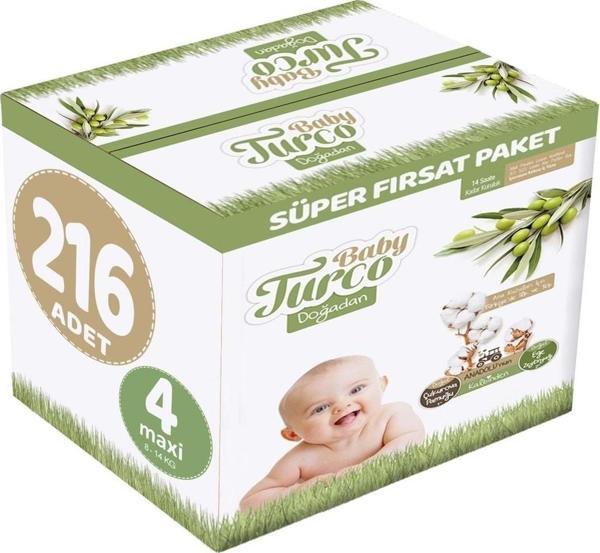 Baby Turco Bebek Bezi Doğadan Beden:4 (8 - 14 Kg) Maxi 216 Adet Süper Fırsat Pk - Image 1