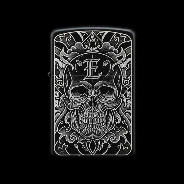 Benzinli Çakmak Kuru Kafa Figürlü E Harfli Tasarım - V58 - Image 1