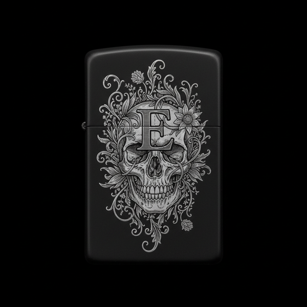 Benzinli Çakmak Kuru Kafa Figürlü E Harfli Tasarım - V64 - Image 1