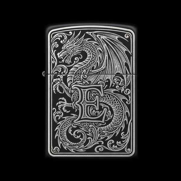 Benzinli Çakmak Ejderha Figürlü E Harfli Tasarım - V42 - Image 1