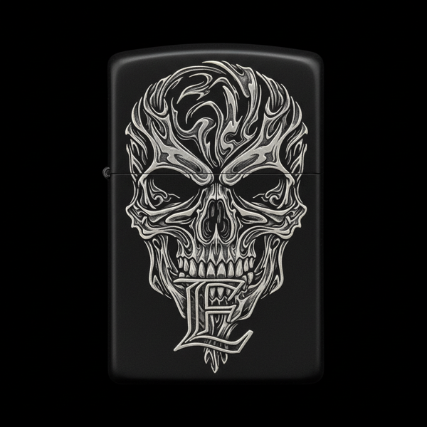 Benzinli Çakmak Kuru Kafa Figürlü E Harfli Tasarım - V97 - Image 1