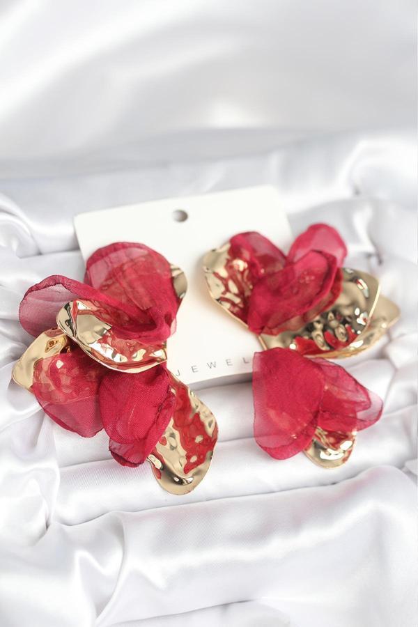 Pirinç Gold Renk Bordo Tüllü Lotus Kadın Küpe - EBJ251201W38484 - Image 1