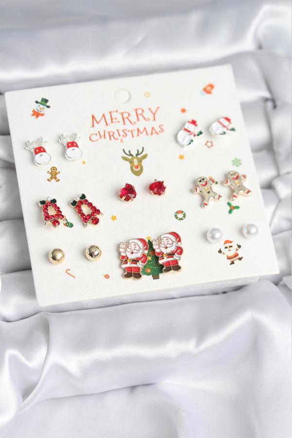 Yılbaşı Temalı Karışık Model 8 Çift Yılbaşı Temalı Kadın Küpe Seti - EBJ251201W38511 - Image 1