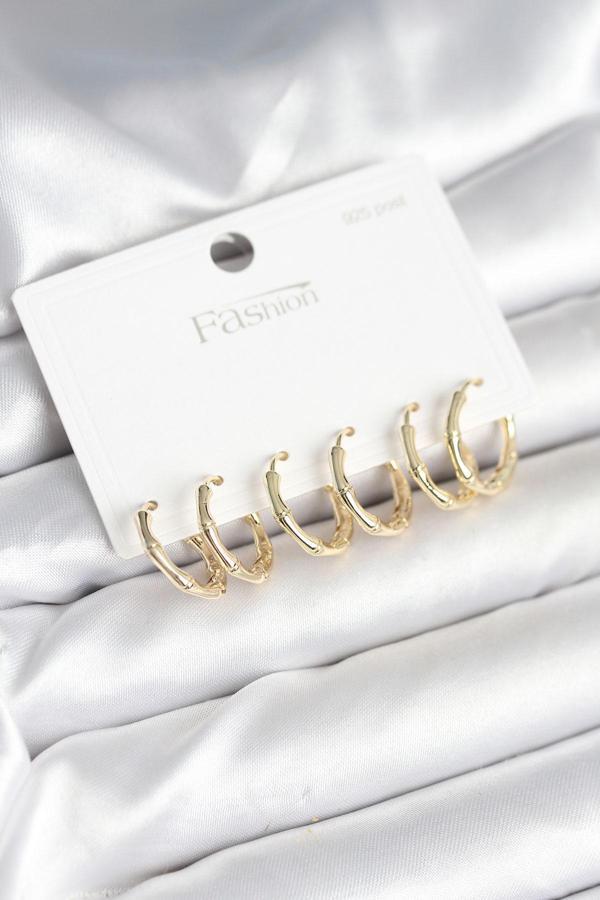 Pirinç Gold Renk Kemik Halka Model 925 Ayar Gümüş Çivili Kadın Küpe Seti - EBJ251010W38087 - Image 1