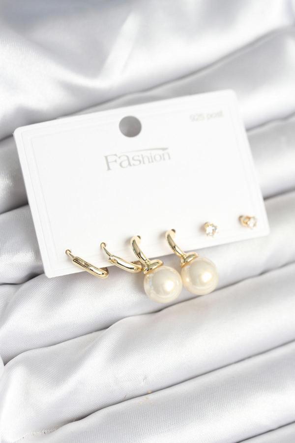 Gold Renk Pirinç 925 Ayar Gümüş Çivili Kadın Küpe Seti - EBJ251010W38095 - Image 1