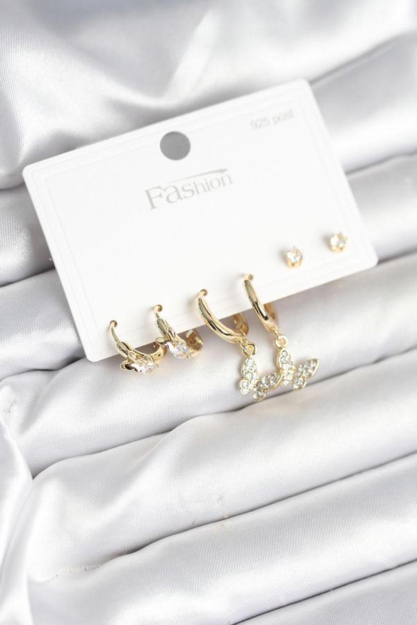 Gold Renk Pirinç Kelebek Model 925 Ayar Gümüş Çivili Kadın Küpe Seti - EBJ251010W38099 - Image 1