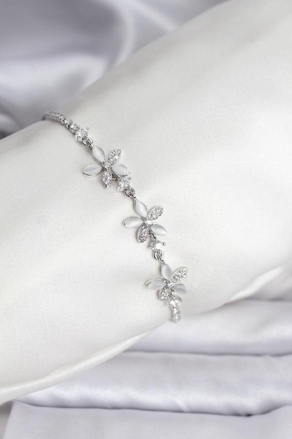 Çiçek Model Zirkon Taşlı Gümüş Renk Pirinç Su Yolu Kadın Bileklik - EBJ251201W38619 - Image 1