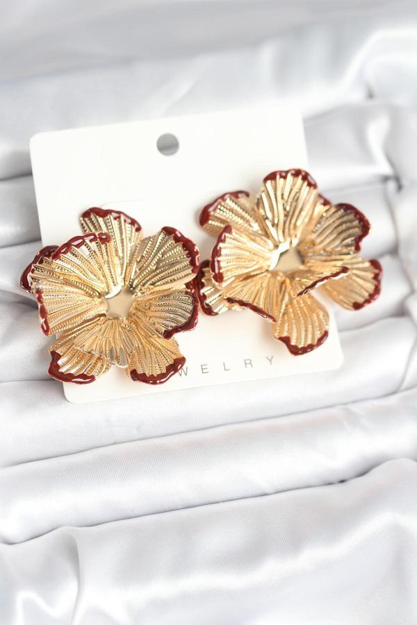 Zarif Kulaklar için Golden Pirinç Bordo Lotus Kadın Küpe - Image 1