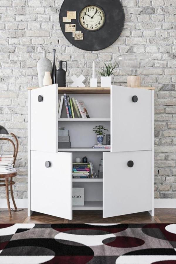 4 Kapaklı 4 Raflı Meşe Beyaz Dekoratif Kiler, Mutfak, Banyo Dolabı - Image 1