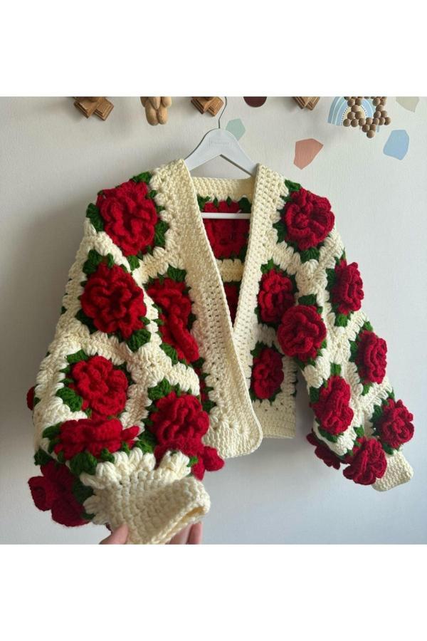 Hobilanka Gül Motifli El Örgüsü  Kadın Hırka - Image 1