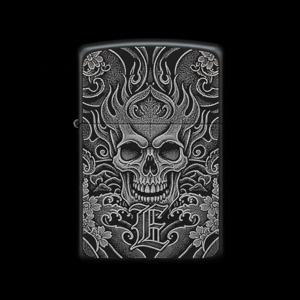 Benzinli Çakmak Kuru Kafa Figürlü E Harfli Tasarım - V27 - Image 1