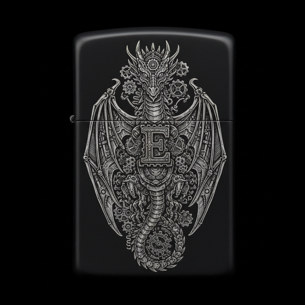 Benzinli Çakmak Ejderha Figürlü E Harfli Tasarım - V39 - Image 1