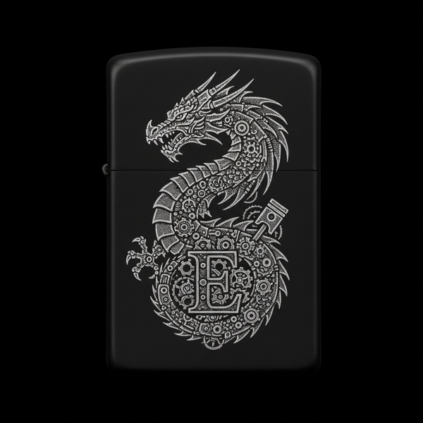 Benzinli Çakmak Ejderha Figürlü E Harfli Tasarım - V15 - Image 1