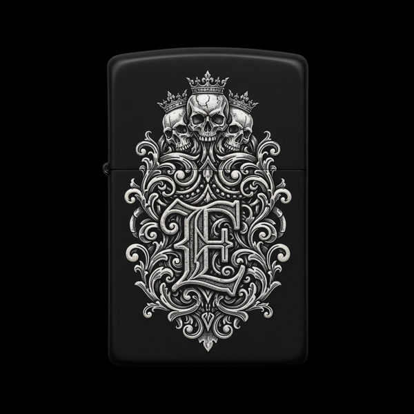 Benzinli Çakmak Kuru Kafa Figürlü E Harfli Tasarım - V93 - Image 1