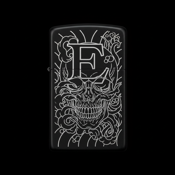 Benzinli Çakmak Kuru Kafa Figürlü E Harfli Tasarım - V36 - Image 1