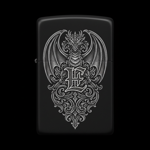 Benzinli Çakmak Ejderha Figürlü E Harfli Tasarım - V23 - Image 1