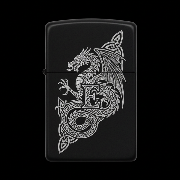 Benzinli Çakmak Ejderha Figürlü E Harfli Tasarım - V45 - Image 1