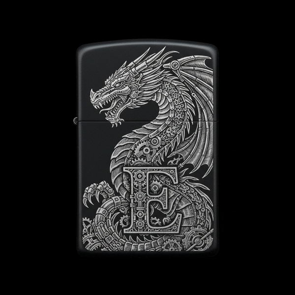 Benzinli Çakmak Ejderha Figürlü E Harfli Tasarım - V24 - Image 1