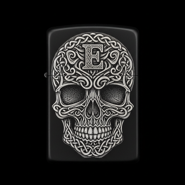 Benzinli Çakmak Kuru Kafa Figürlü E Harfli Tasarım - V39 - Image 1